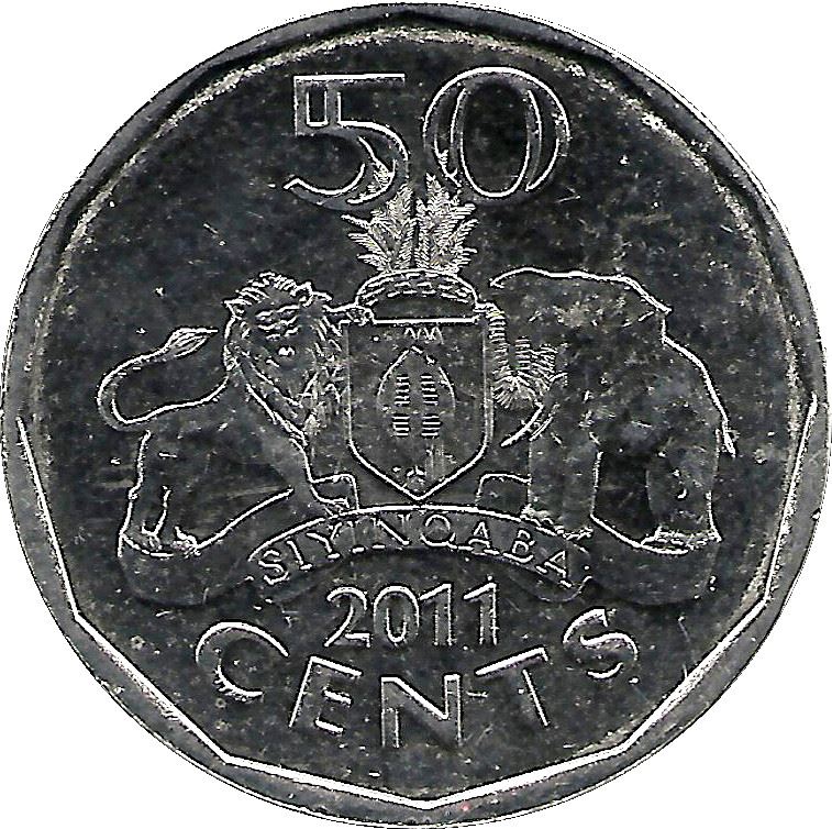 Kingdom of Swaziland | 50 Cents Coin | King Mswati III | Lion | Elephant | KM:59 | 2011