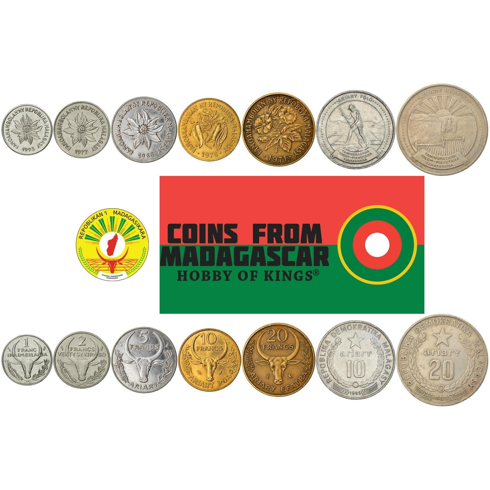 Madagascar | 7 Coin Set | 1 Franc 2 Francs 5 Francs / 1 10 Francs / 2 20 Francs / 4 10 20 Ariary | 1965 - 2002