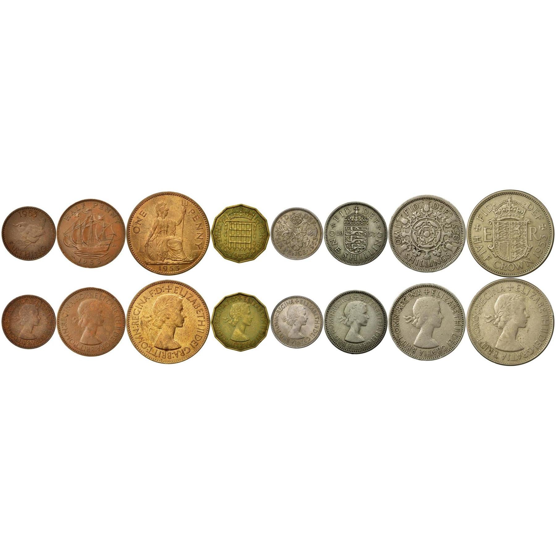 United Kingdom | 8 Coin Set | 1 Farthing 1/2 1 Penny 3 6 Pence 1 Shilling 2 Shillings 1/2 Crown | 1953