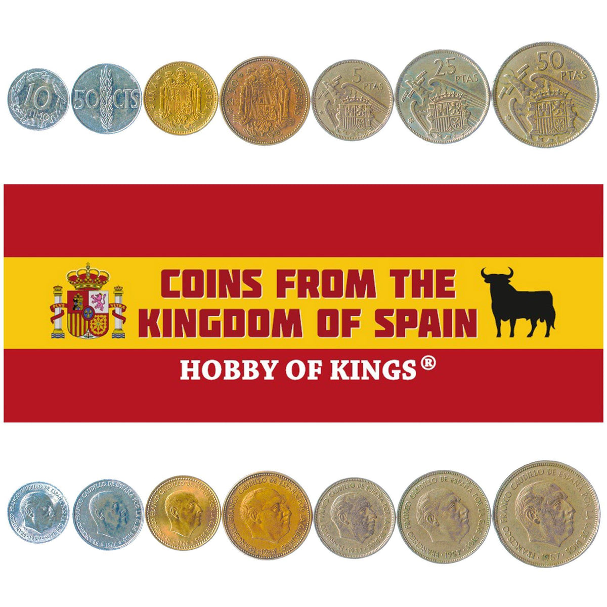 Ispanijos 7 monetų rinkinys 10 50 centimų 1 2,5 5 25 50 pesetų | Francisco Franco | Ispanija | 1946 - 1966