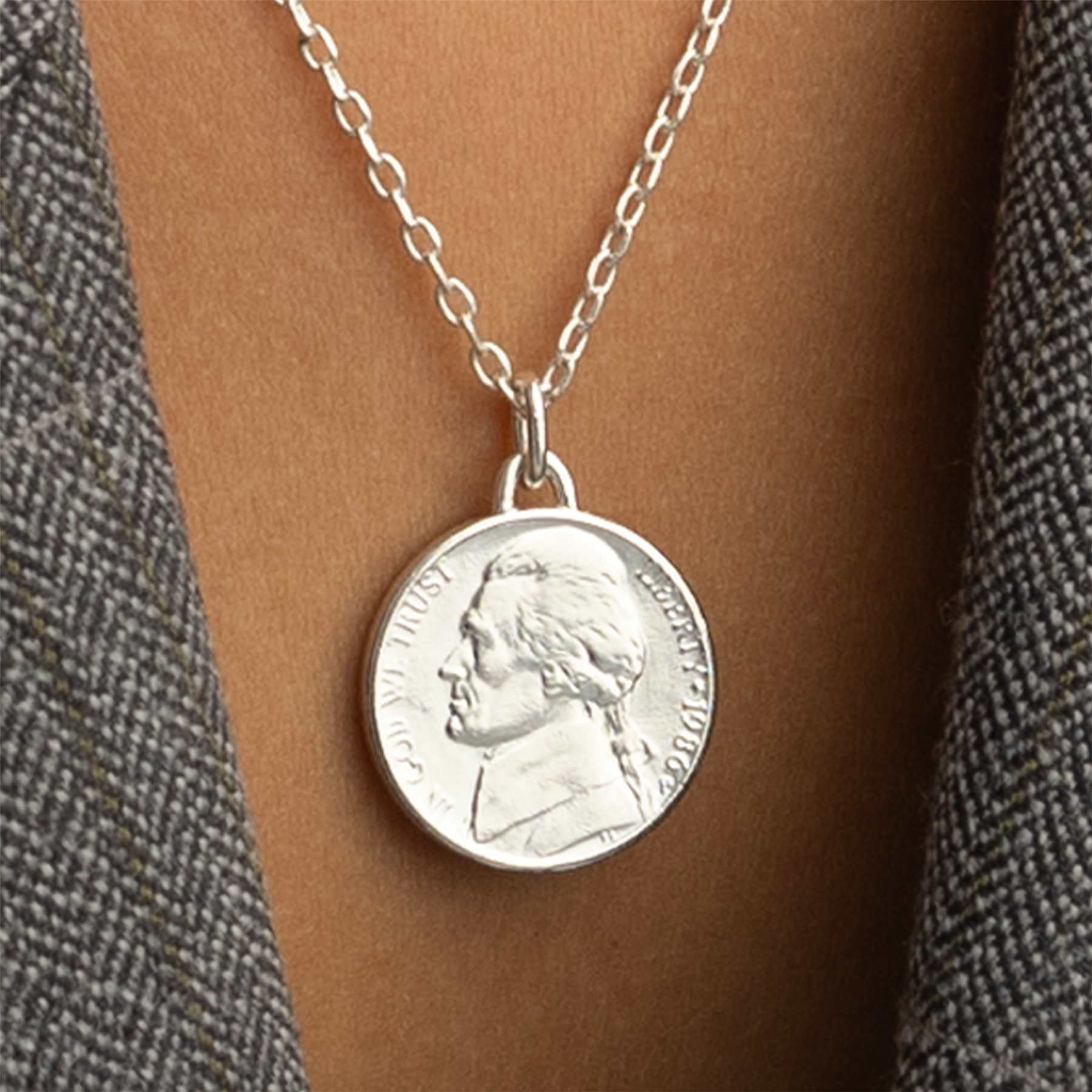 US Coin Necklace | Medallion Pendant Jewelry | Rhodium Plated United States of America 5 Cents | T. Jefferson | 2002