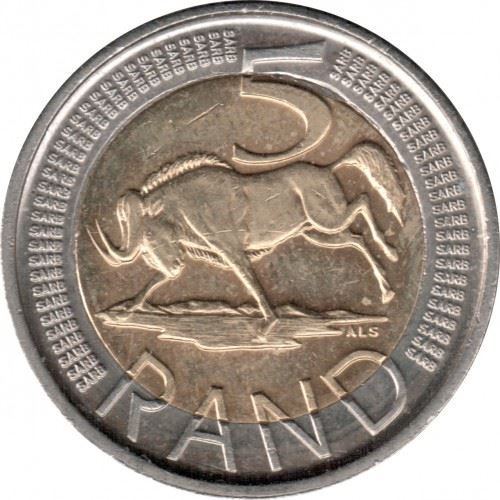 South Africa | 5 Rand Coin | Animals | Wildebeest | Gnu | Km:499 | 2010