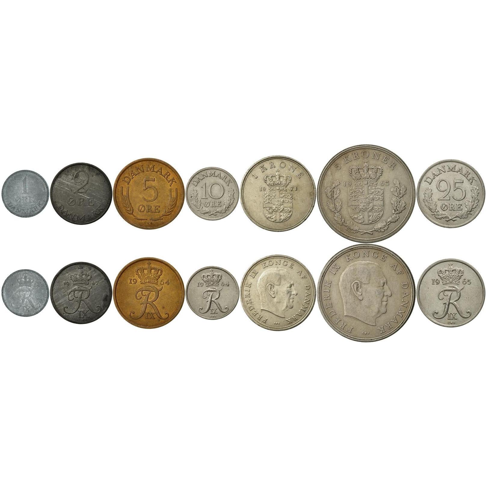 Denmark | 7 Coin Set | 1 2 5 10 25 Ore 1 Krone 5 Kroner | 1960 - 1972