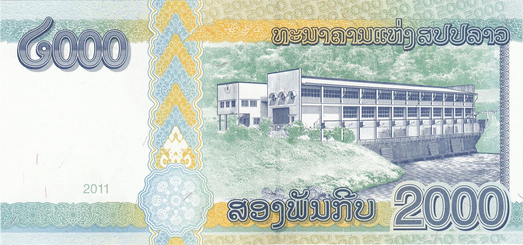 Laos | 2000 Kip Banknote | 2011 | Kaysone Phomvihane | Xieng Thong Temple | Seset 2 Dam