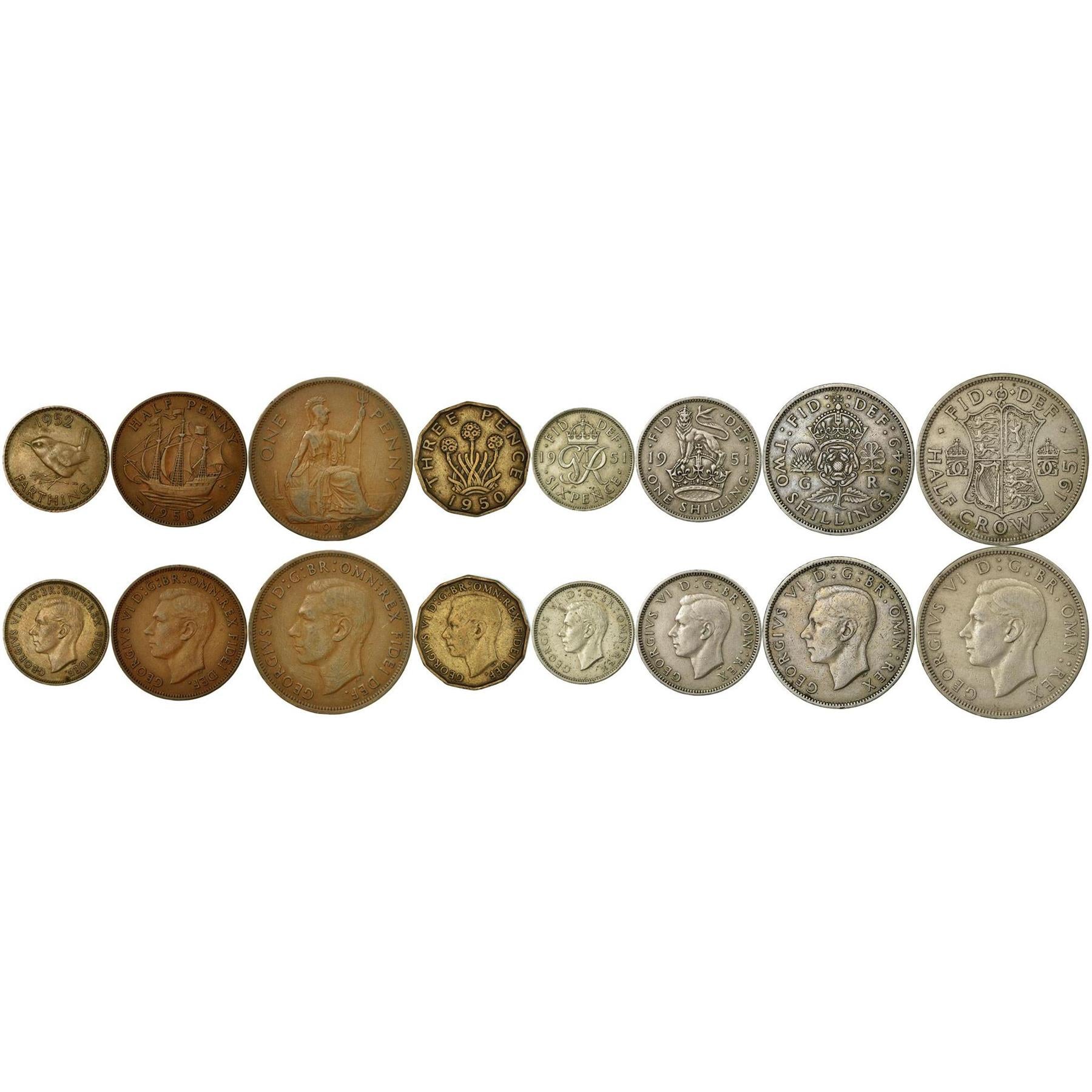 United Kingdom | 8 Coin Set | 1 Farthing 1/2 1 Penny 3 6 Pence 1 Shilling 2 Shillings 1/2 Crown | 1949 - 1952