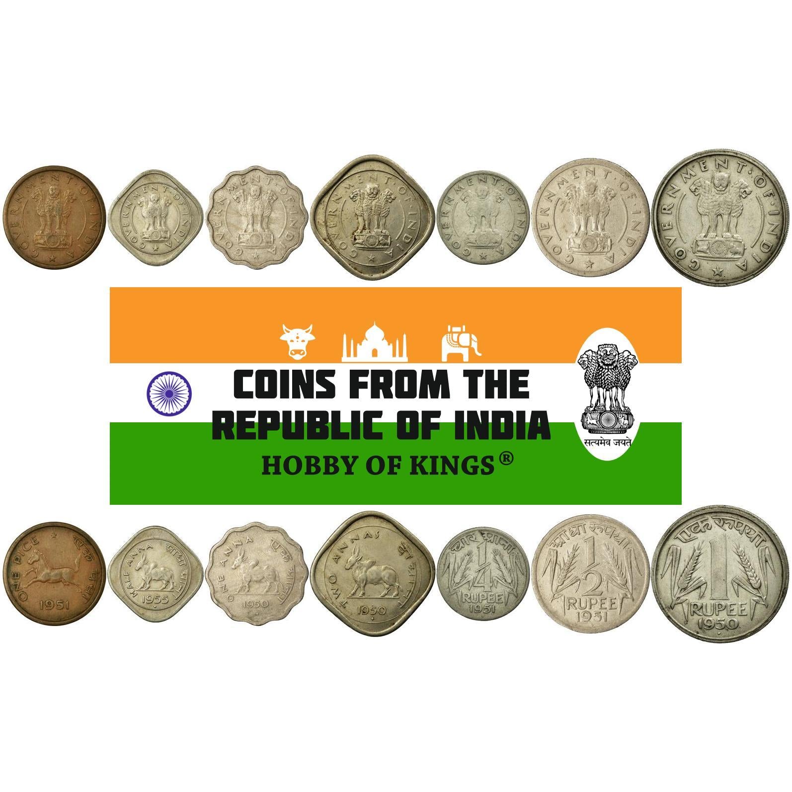 India | 7 Coin Set | 1 Pice 1/2 1 Anna 2 Annas 1/4 1/2 1 Rupee | 1950 - 1956