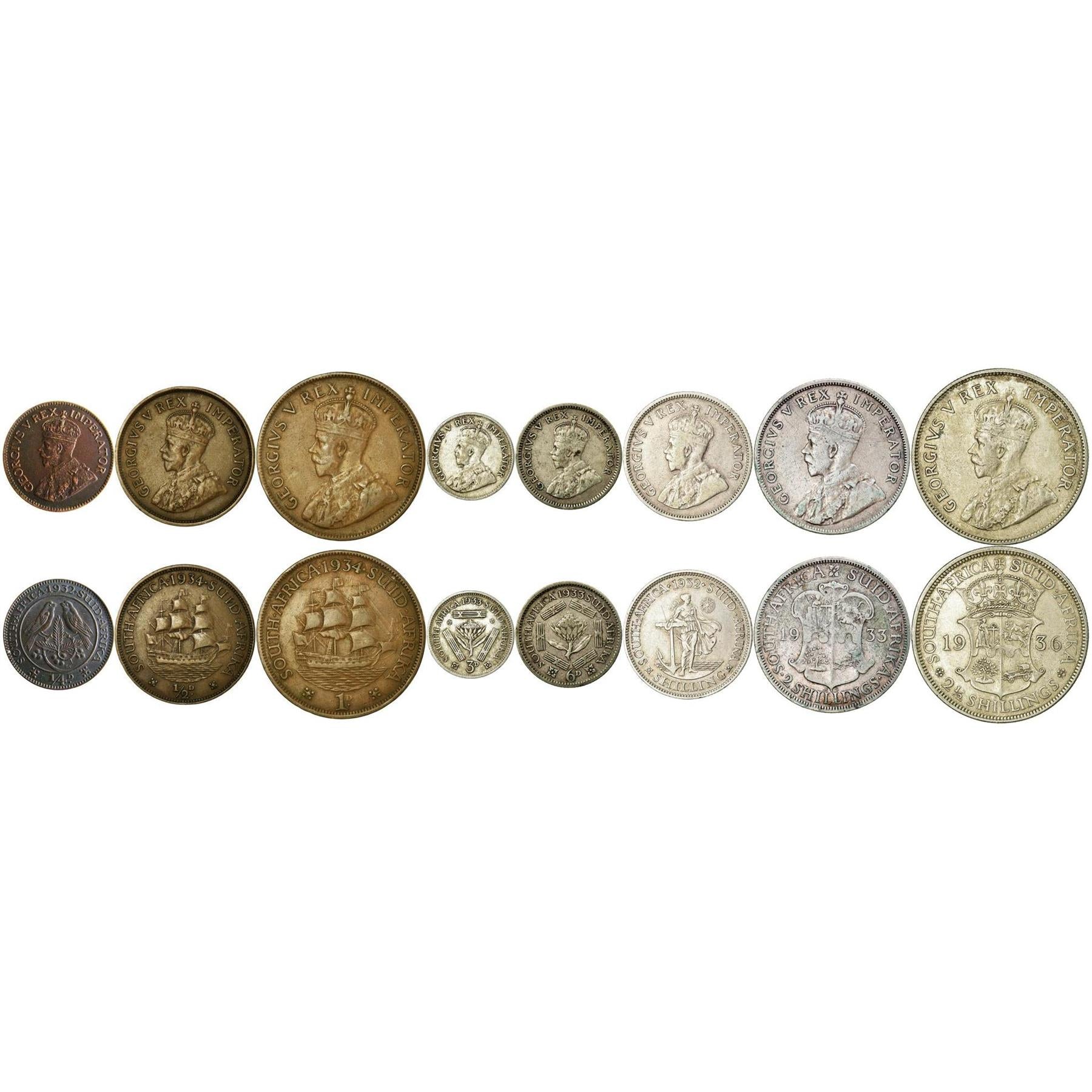 South Africa | 8 Coin Set | 1/4 1/2 1 Penny 3 6 Pence 1 Shilling 2 2 1/2 Shillings | 1931 - 1936