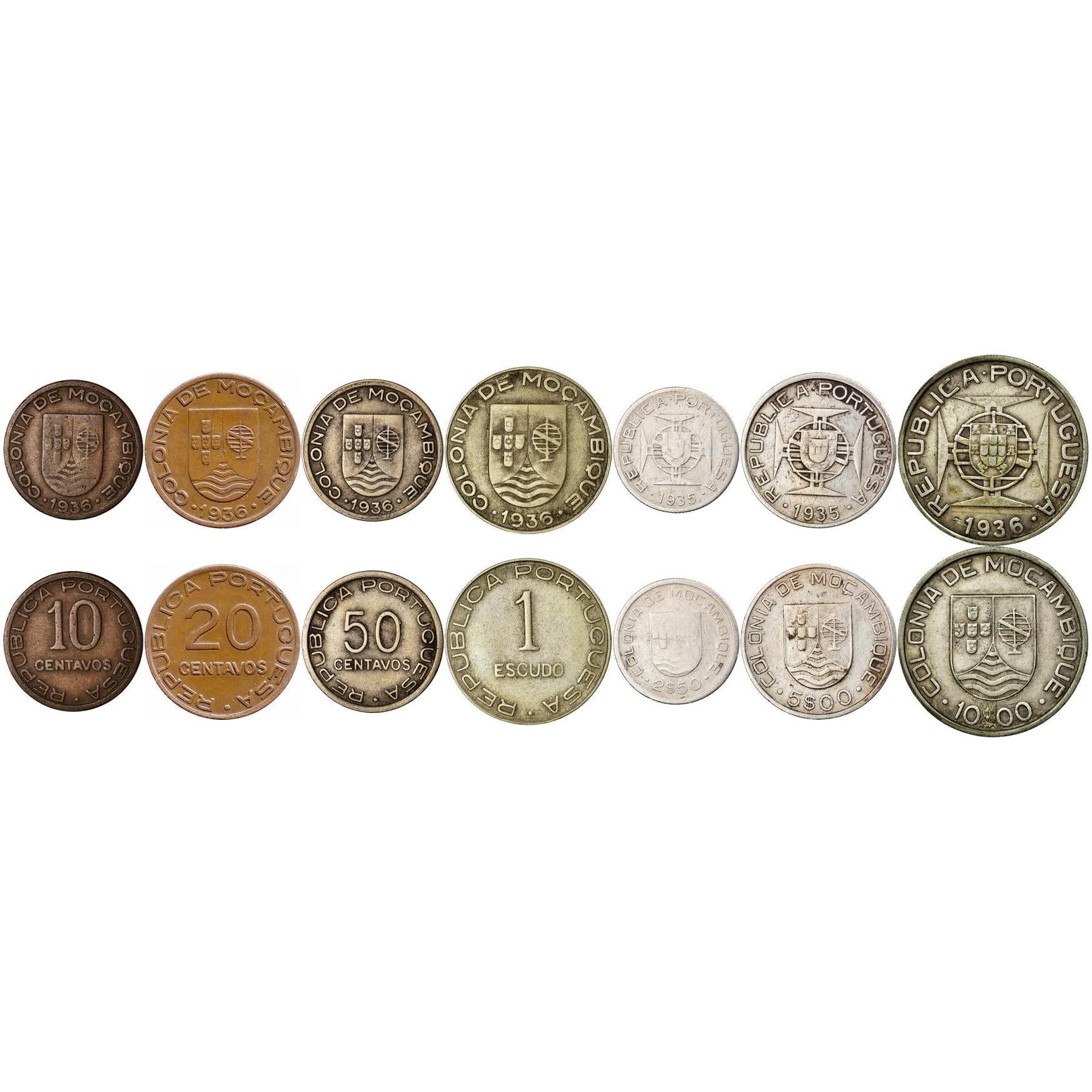 Mozambique | 7 Coin Set | 10 20 50 Centavos 1 Escudo 2.50 5 10 Escudos | 1935 - 1936