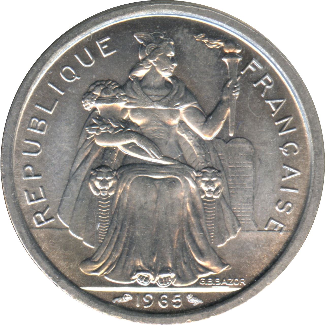 French Polynesia 2 Francs Coin | Liberty Sitting | Throne | Palm Tree | Sailboat | KM3 | 1965