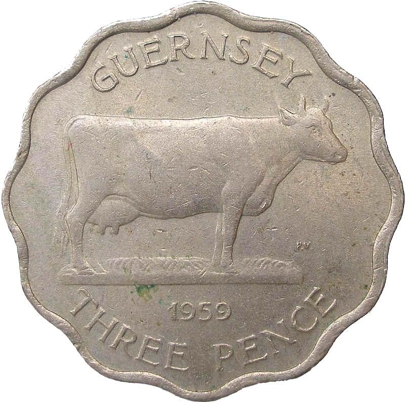 Guernsey | 3 Pence Coin | Queen Elizabeth II | Guernsey Cattle | KM18 | 1959 - 1966