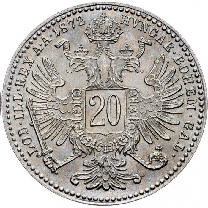 Austrian Empire | 20 Kreuzer Coin | Emperor Francis Joseph I | Imperial Eagle | Km:2212 | 1868 - 1872