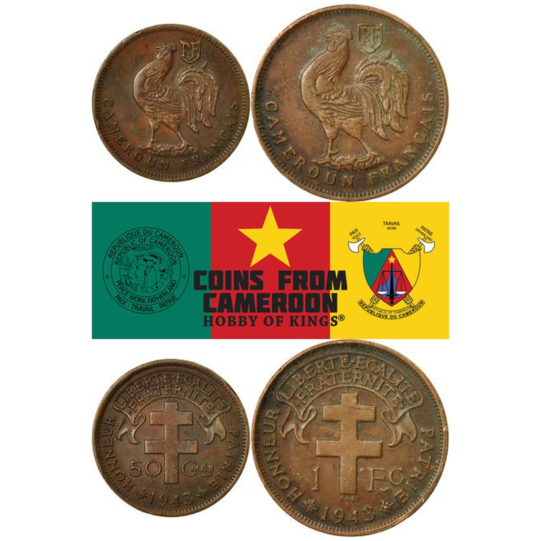 French Cameroon | 2 Coin Set | 50 Centimes 1 Franc | 1943