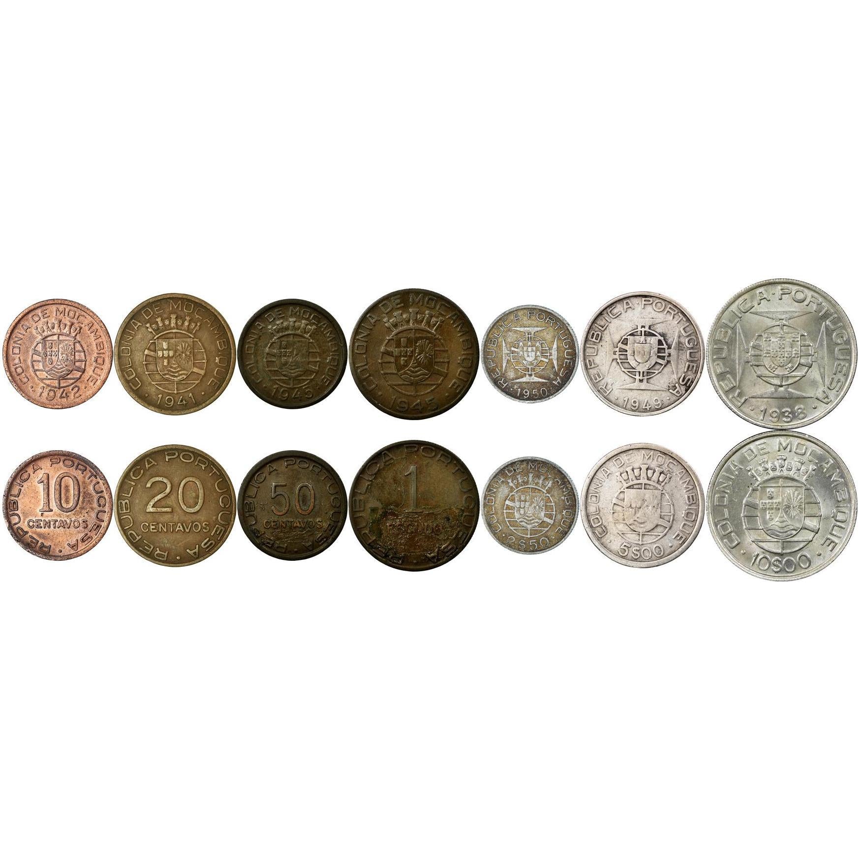 Mozambique | 7 Coin Set | 10 20 50 Centavos 1 Escudo 2.50 5 10 Escudos | 1938 - 1951