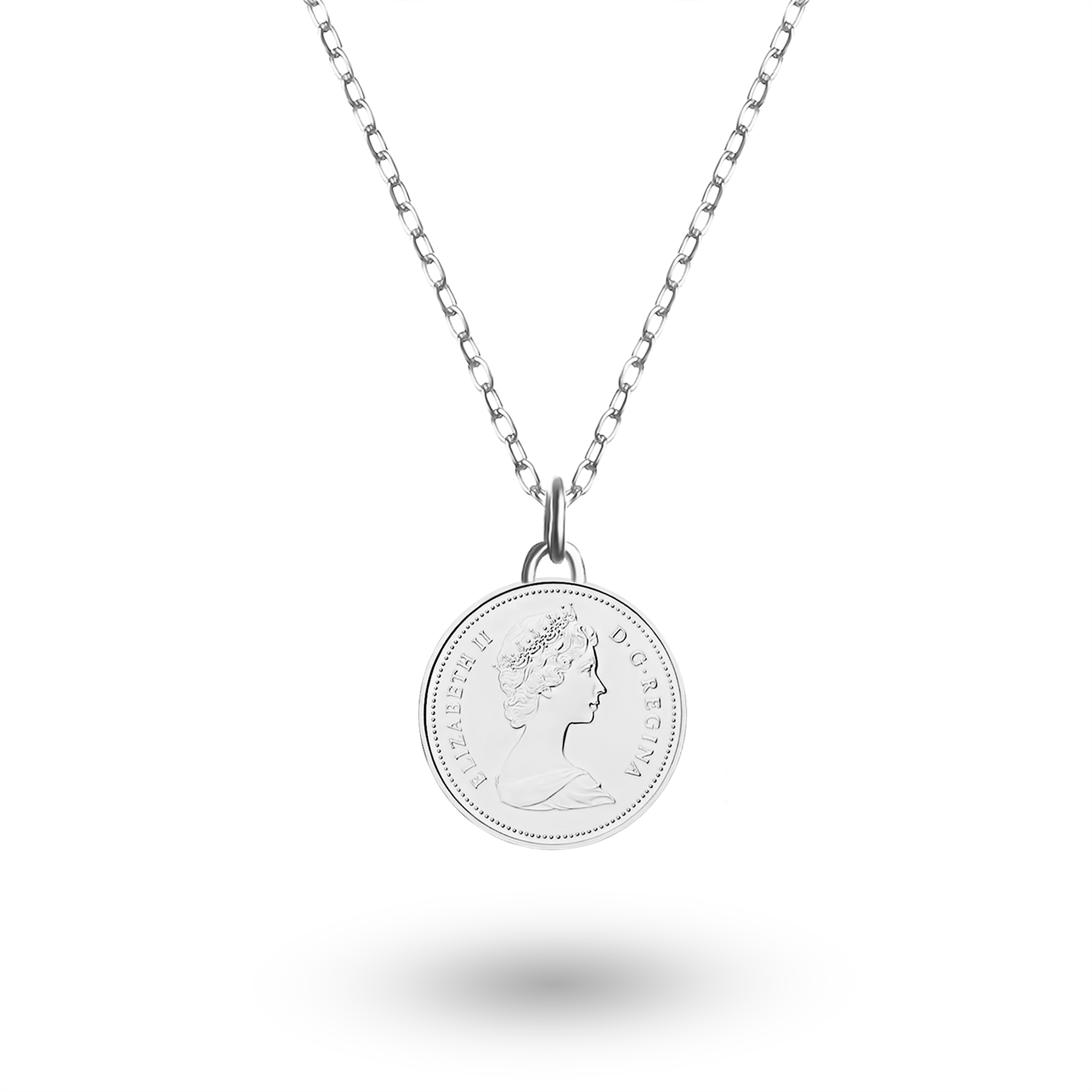 Canadian Coin Necklace | Medallion Pendant Jewelry | Rhodium Plated 5 Cents | Queen Elizabeth II | 1965 - 1989
