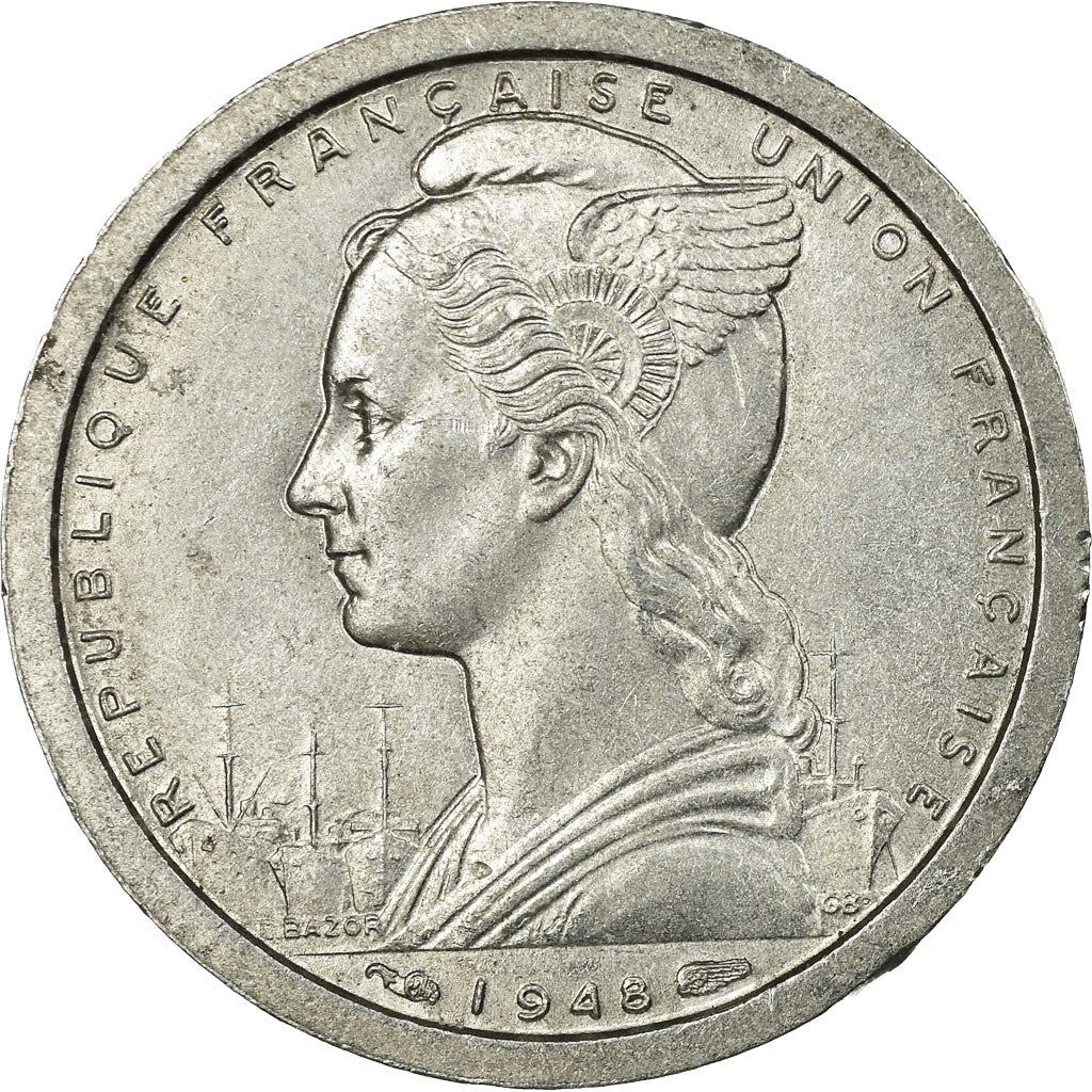 French Cameroon | 1 Franc Coin | Liberty | Phrygian cap | Gazelle | Ships | Km:8 | 1948