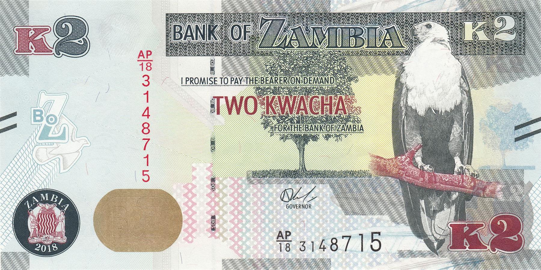Zambia | 2 Kwacha Banknote | 2015 - 2022 | Fish Eagle | Baobab Tree | Roan Antelope | Women | Chainbreaker Monument of Freedom