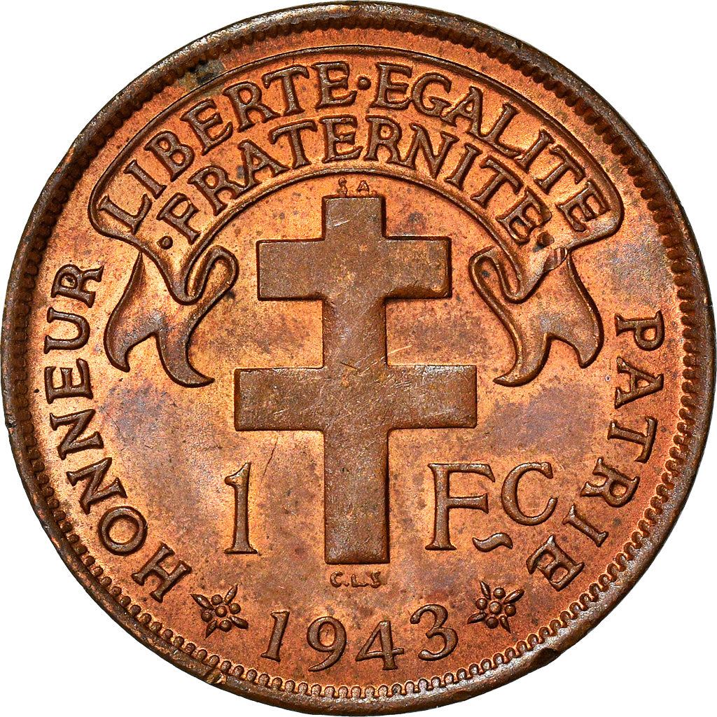 Madagascar | 1 Franc Coin | Rooster | Lorraine Cross | Km:2 | 1943