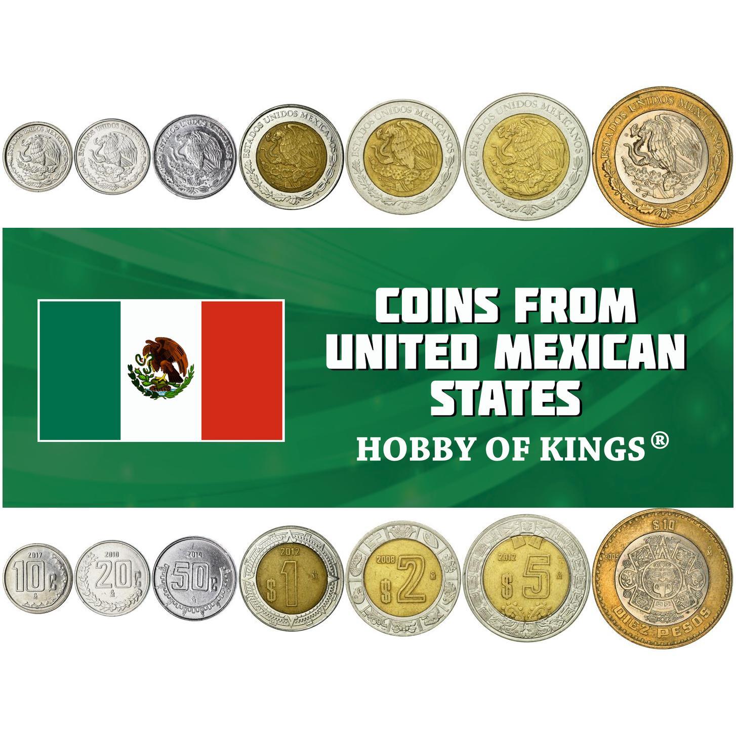 coin with prickly pear cactus Mexico | 7 Coin Set | 10 20 50 Centavos 1 Peso 2 5 10 Pesos | 1996