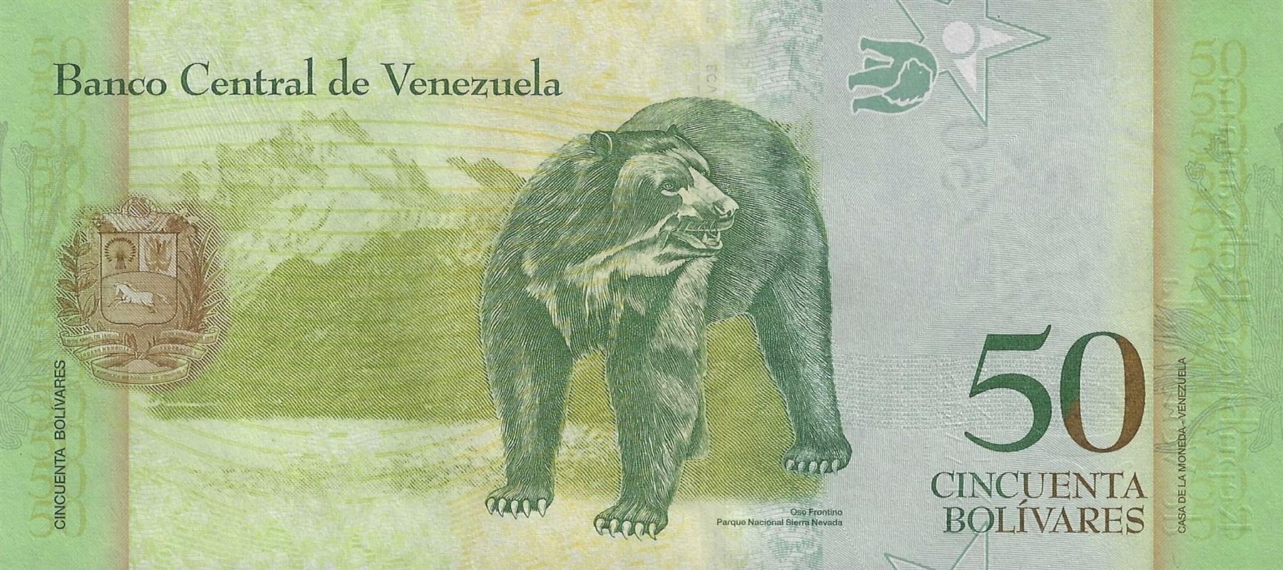 Venezuela | 50 Bolivares Banknote | 2007 - 2015 | Simón Rodríguez | Spectacled Bear | Sierra Nevada National Park