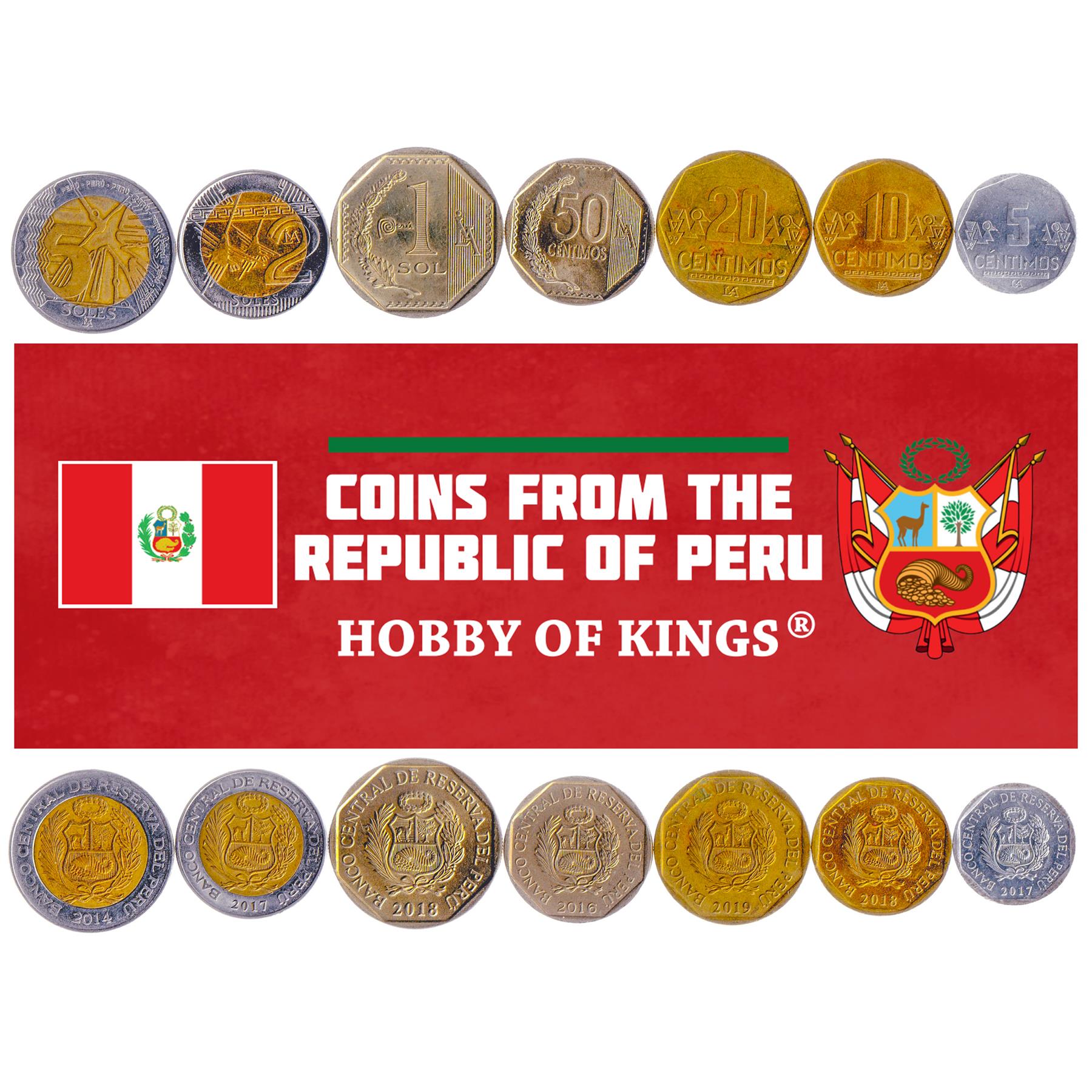 Peruvian 7 Coin Set 5 10 20 50 Centimos 1 2 5 Soles | Hummingbird | Nazca Lines | Condor | 2016 - 2021