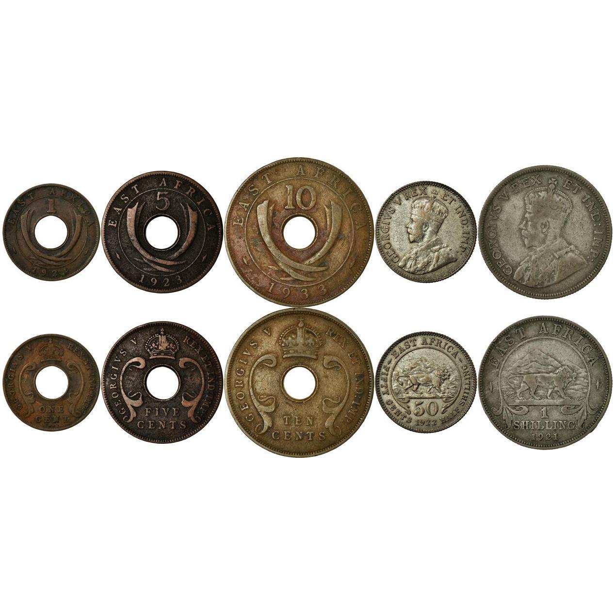 Afrique de l'Est | Ensemble de 5 pièces | 1 Cent 5 10 50 Cents 1 Shilling | 1921 - 1936