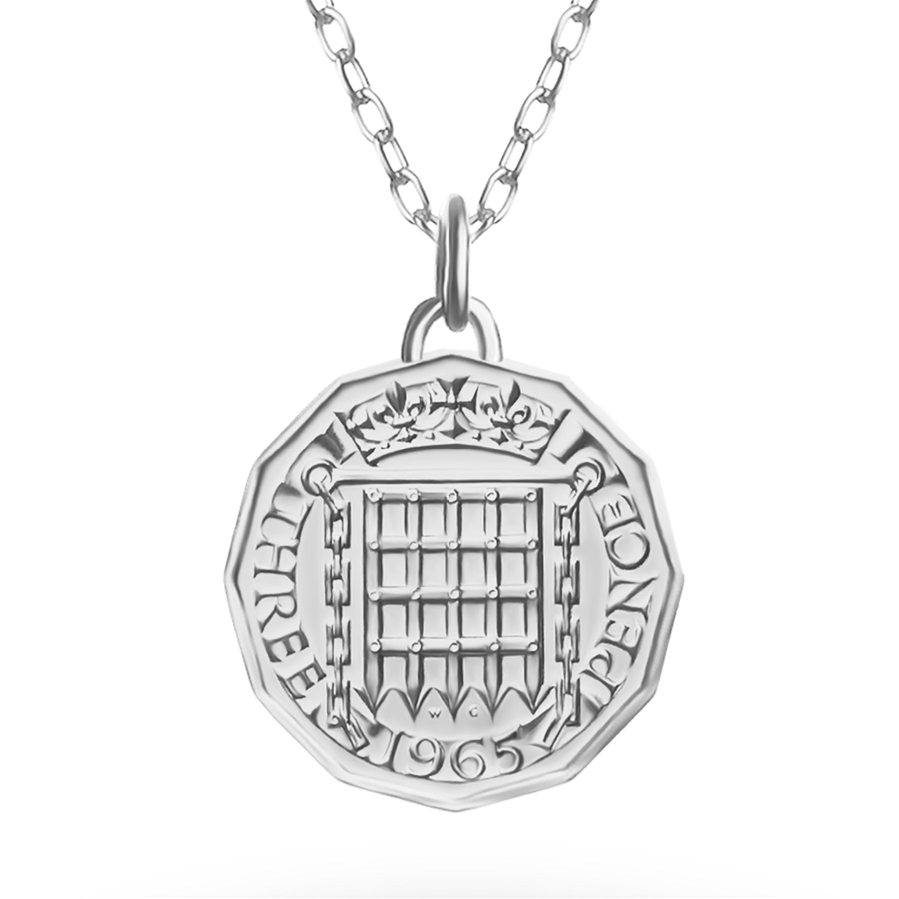 British Coin Necklace | Medallion Pendant Jewelry | Rhodium Plated 3 Pence | Queen Elizabeth II | 1954 - 1970