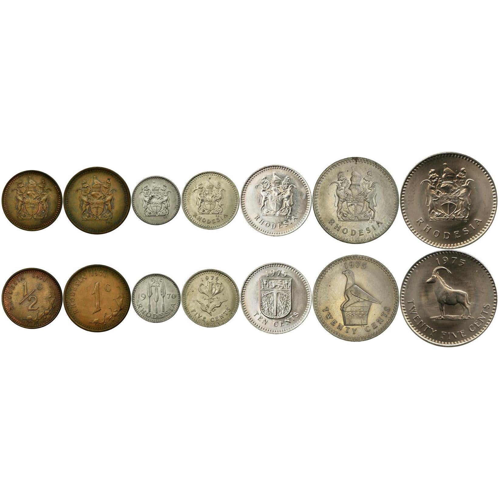 Rhodesia | 7 Coin Set | 1/2 1 Cent 2.5 5 10 20 25 Cents | 1970 - 1977