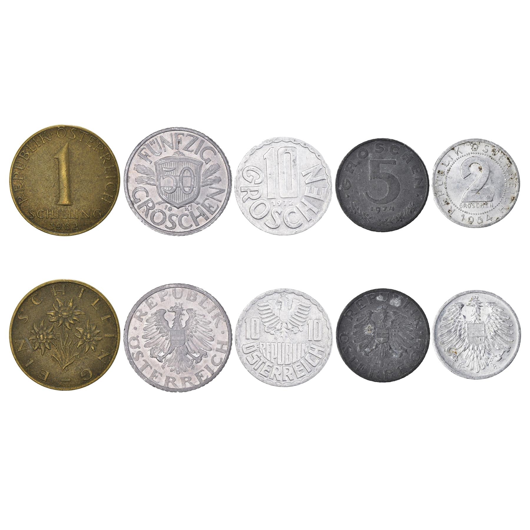 5 Austrian Coins Old Collectible Currency Groschen Schilling 1945-2001