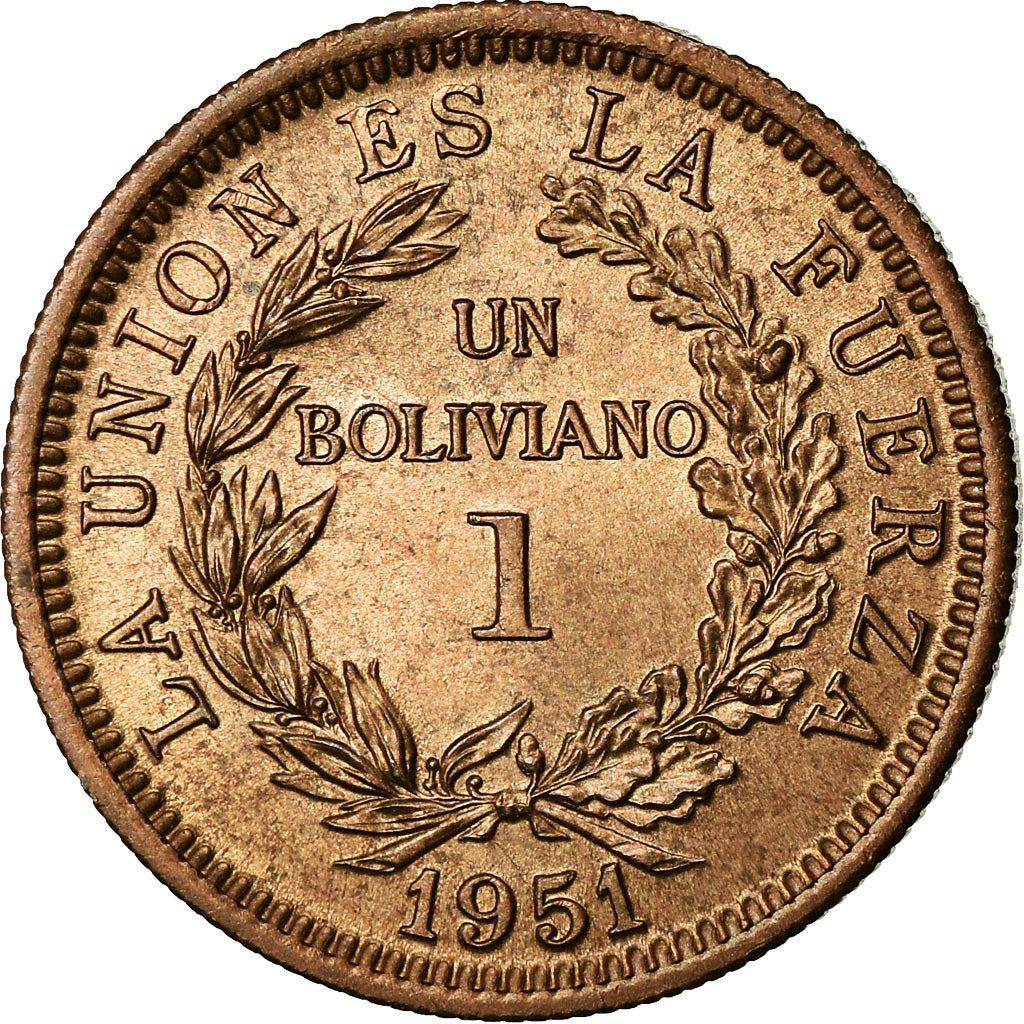 Bolivia | 1 Boliviano Coin | Bronze | Coat of Arms | KM:184 | 1951