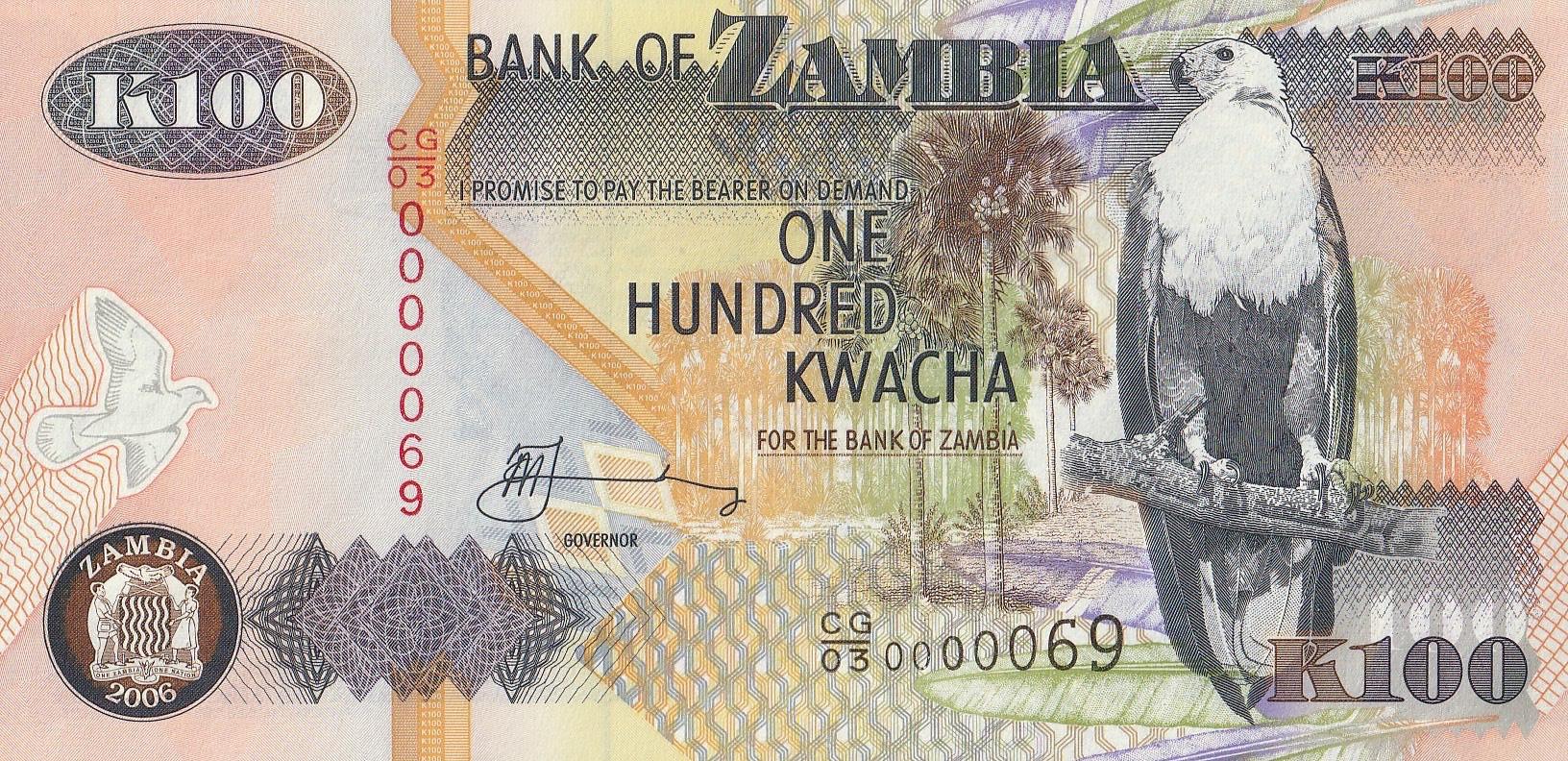 Zambia | 100 Kwacha Banknote | 1992 - 2011 | African Fish Eagle | Palm Tree | African Buffalo | Freedom Statue | Victoria Falls