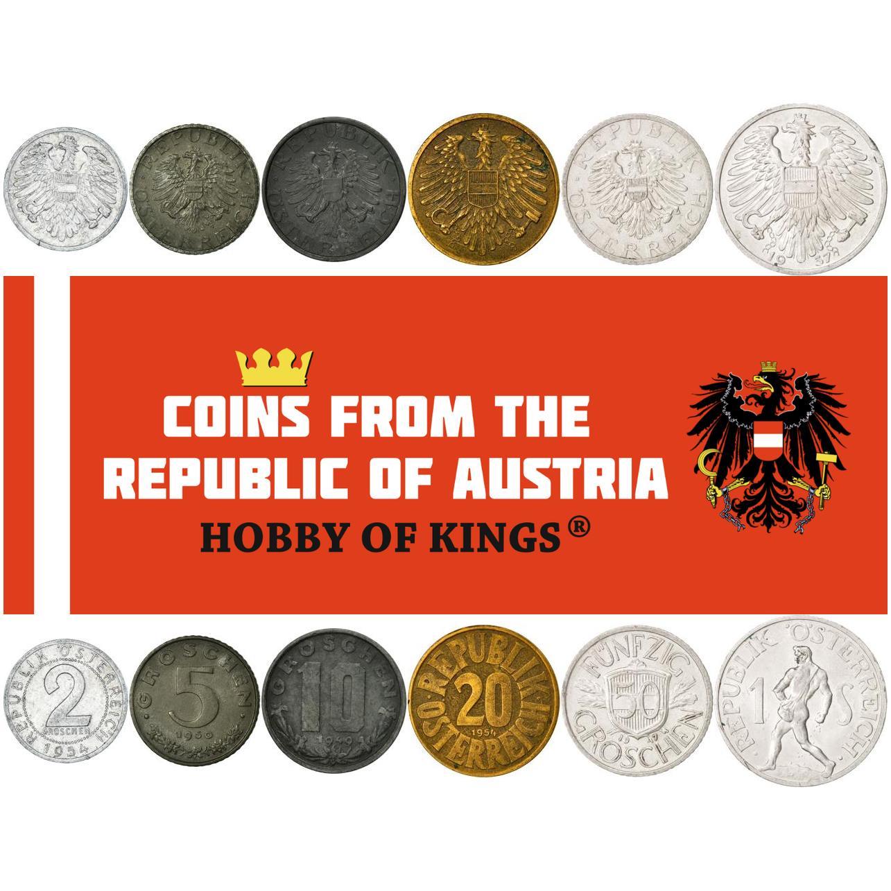 Austria | 6 Coin Set | 2 5 10 20 50 Groschen 1 Schilling | Austrian Escutcheon | Sower | 1946 - 1957
