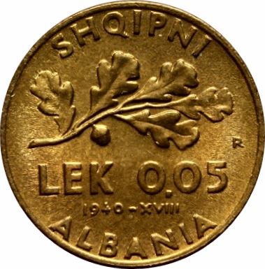 Albanian 0.05 Lek Coin | Vittorio Emanuele III | Oak | Acorn | KM27 | 1940 - 1941