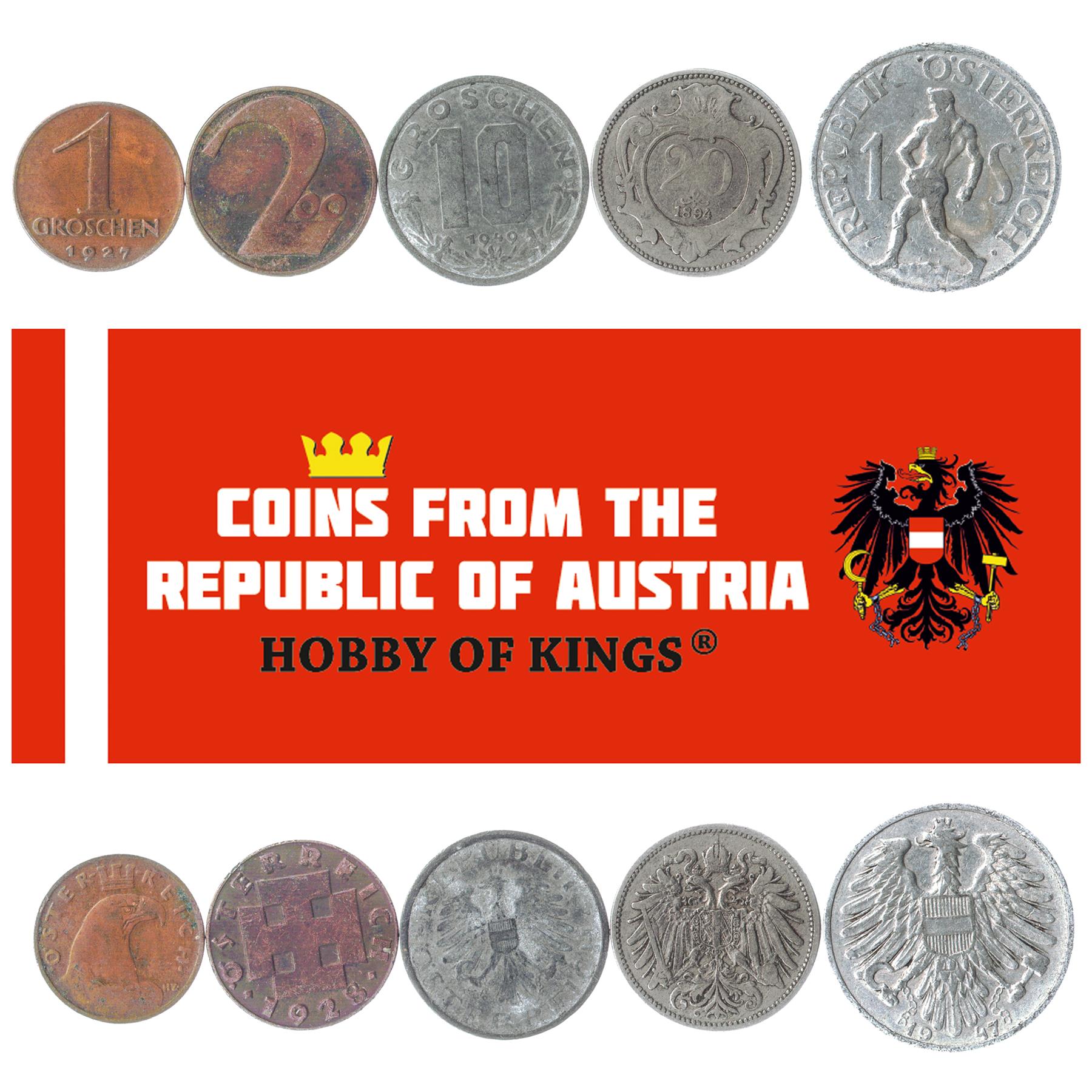 5 Old Coins From Austria Austro-Hungarian First And Second Republic 1892-1950