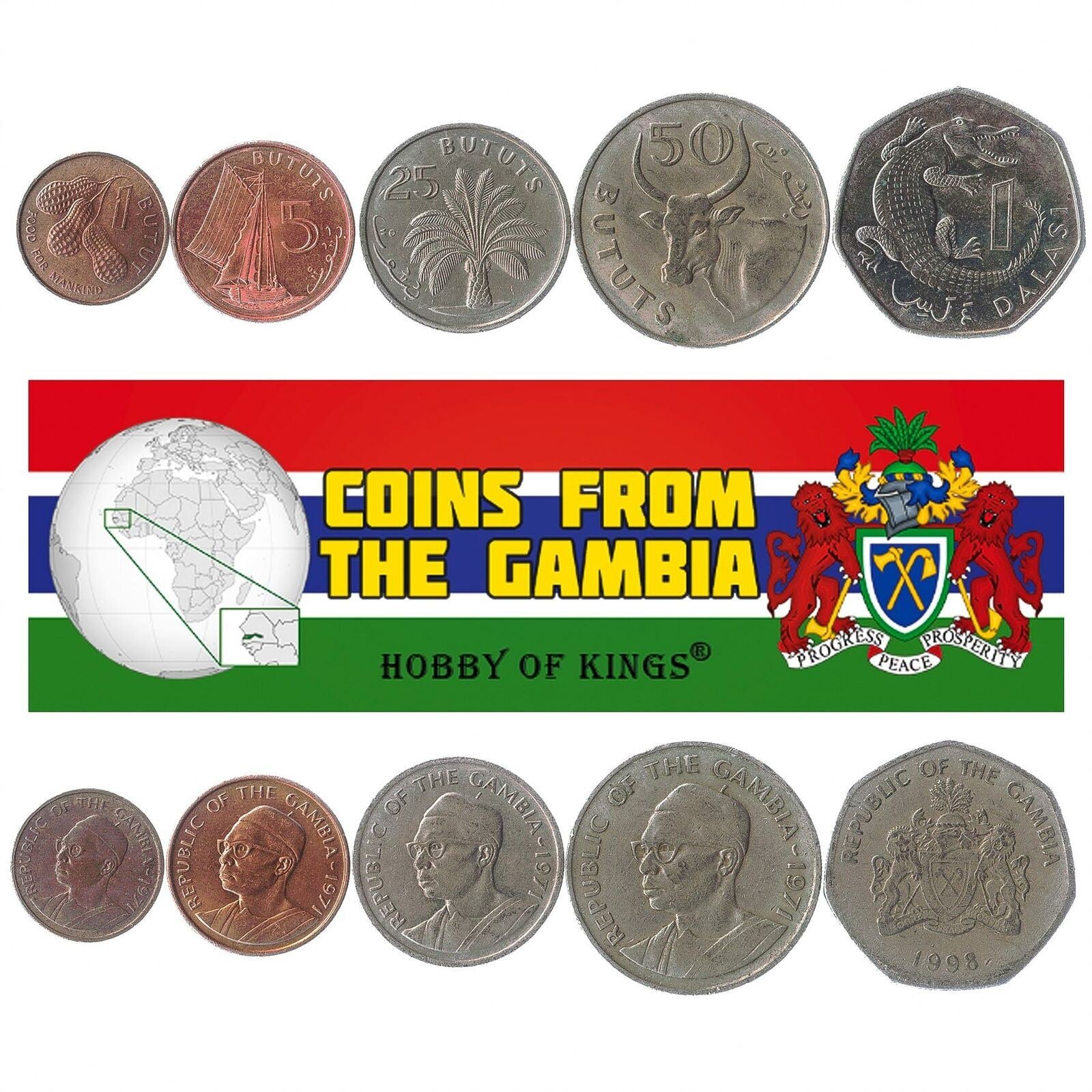 5 Coins From Gambia 1971-2016 1 Butut - 1 Dalasi African Money