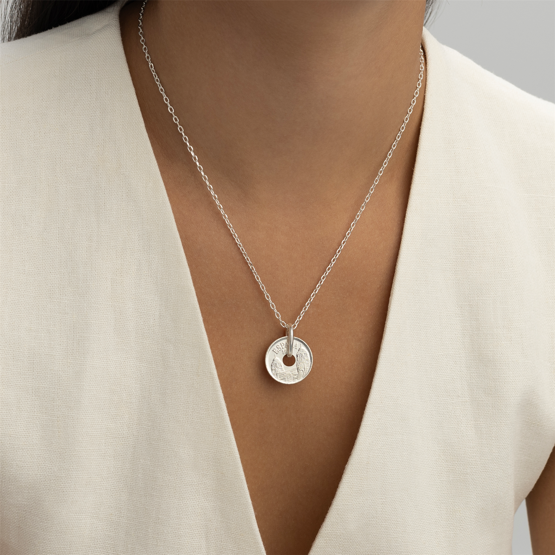 Spanish Coin Necklace | Medallion Pendant Jewelry | Rhodium Plated 25 Pesetas | Melilla | 1997