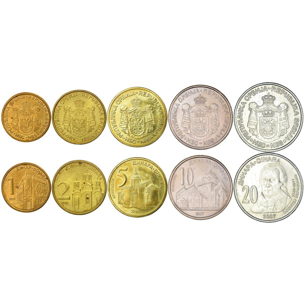 Serbia | 5 Coin Set | 1 Dinar 2 5 10 20 Dinars | 2005 - 2011