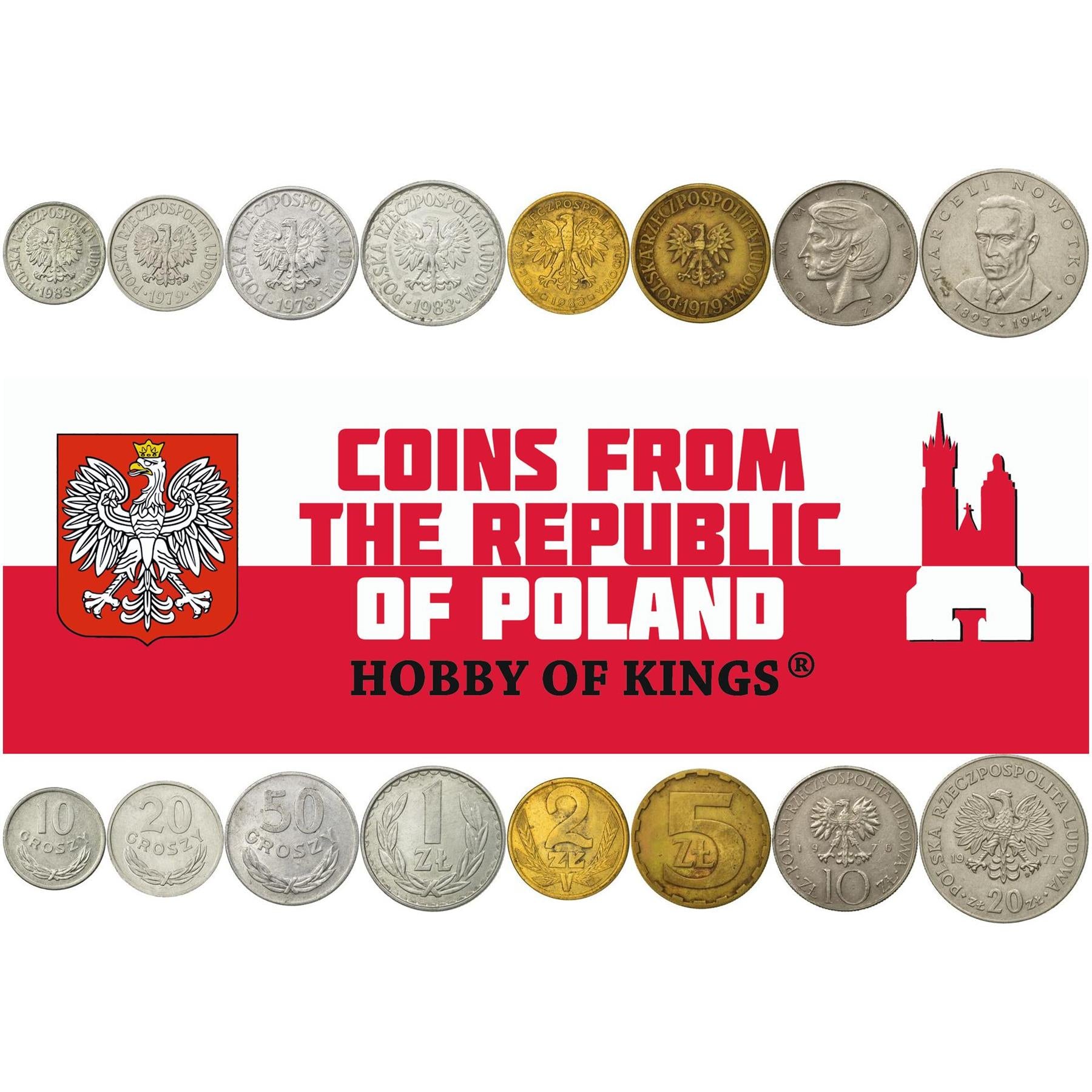 Poland | 8 Coin Set | 10 20 50 Groszy 1 Zloty 2 5 10 20 Zlotys | 1975 - 1985