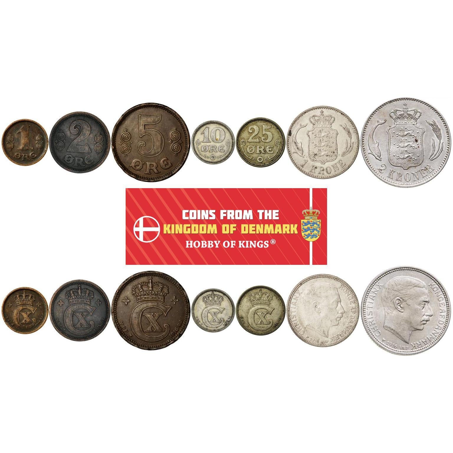 Denmark | 7 Coin Set | 1 2 5 10 25 Ore 1 Krone 2 Kroner | 1913 - 1923
