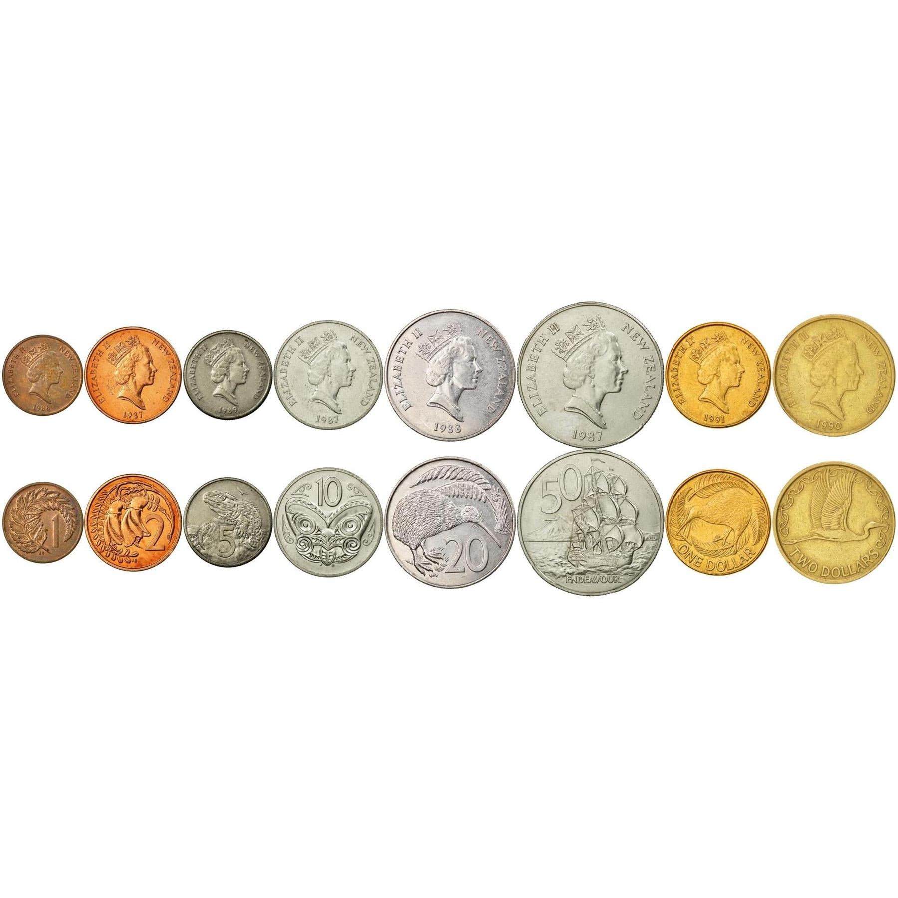 Set 8 Coins New Zealand 1 2 5 10 20 50 Cents 1 2 Dollars 1986 - 1998