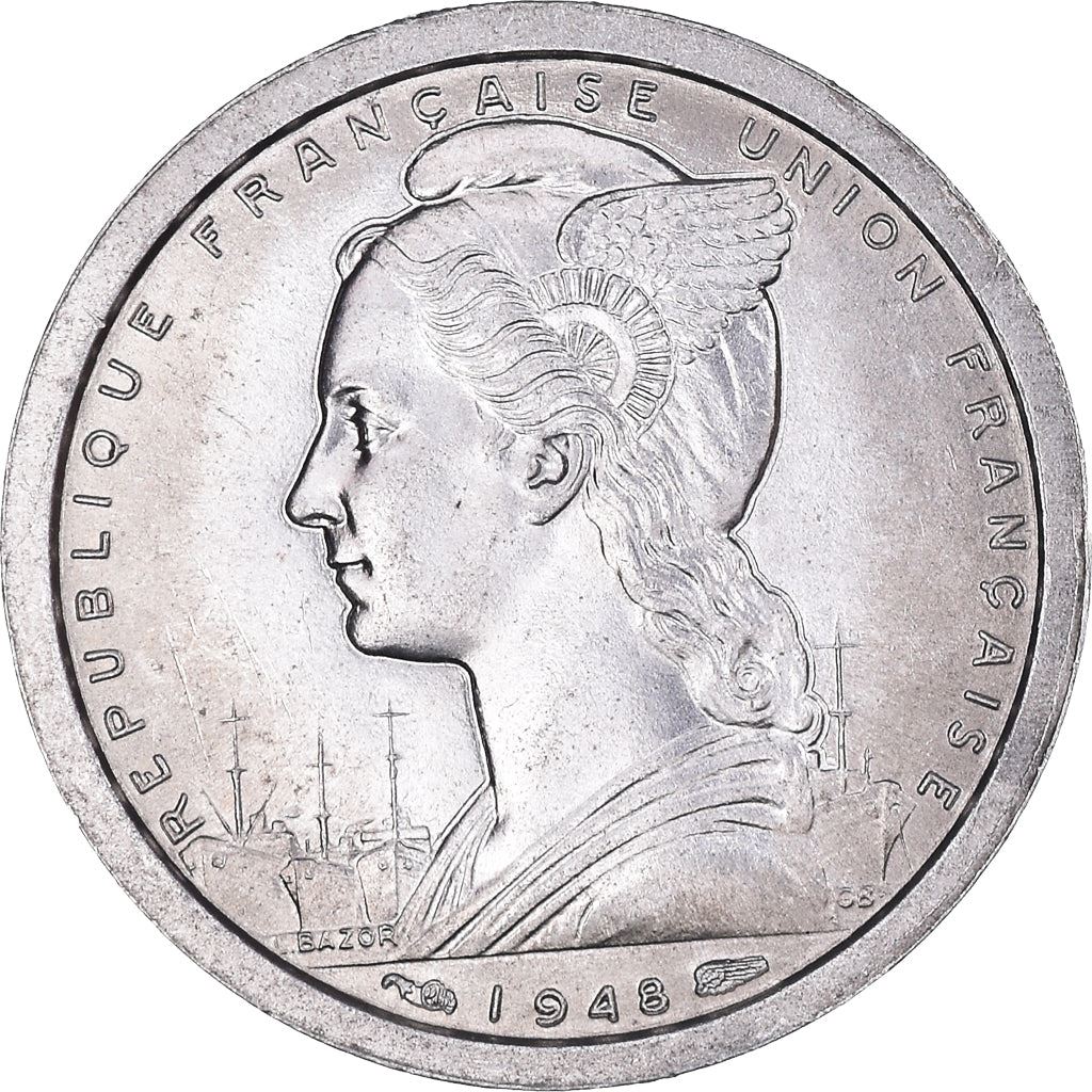 French Cameroon | 1 Franc Coin | Liberty | Phrygian cap | Gazelle | Ships | Km:8 | 1948