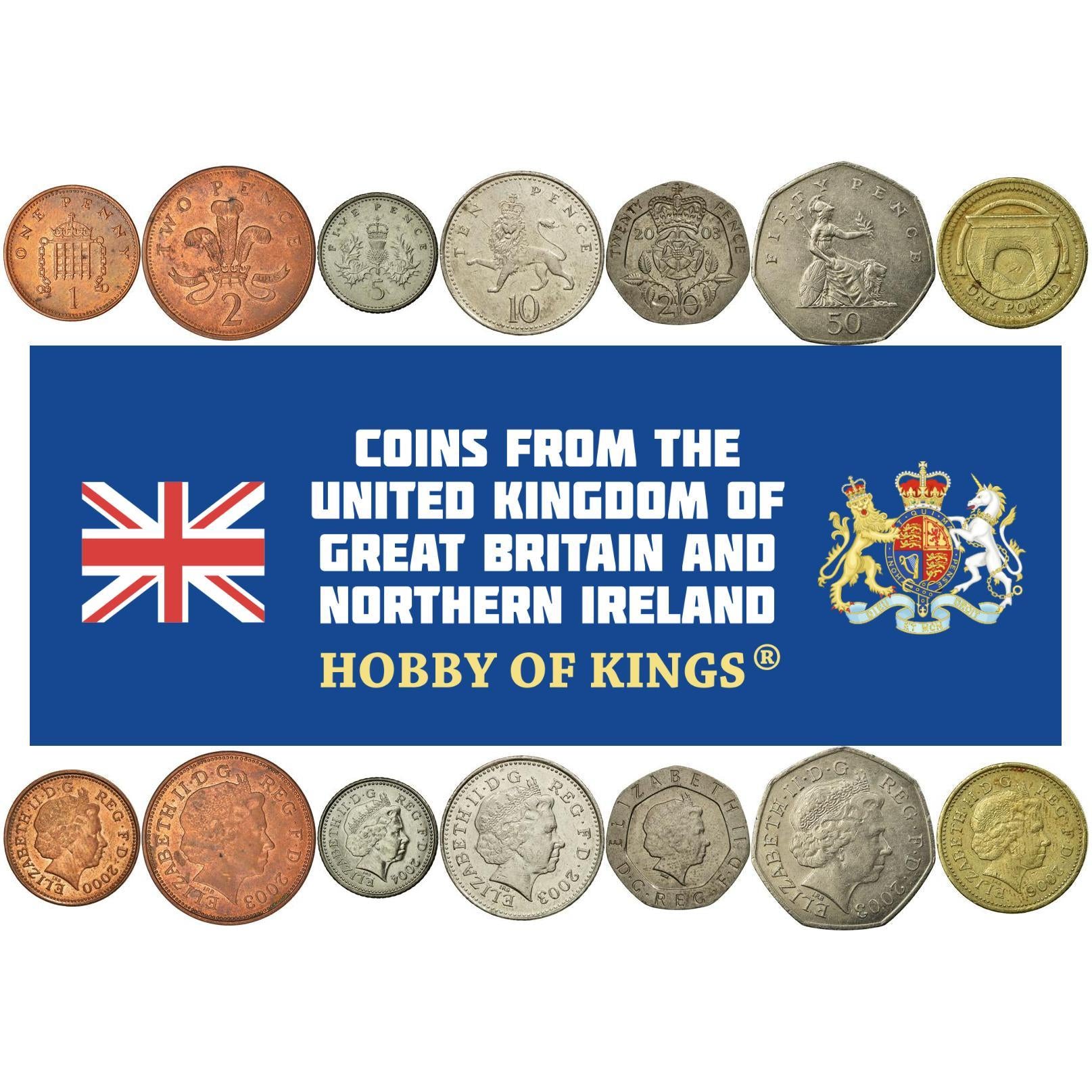 United Kingdom | 7 Coin Set | 1 Penny 2 5 10 20 50 Pence 1 Pound | 1998 - 2008