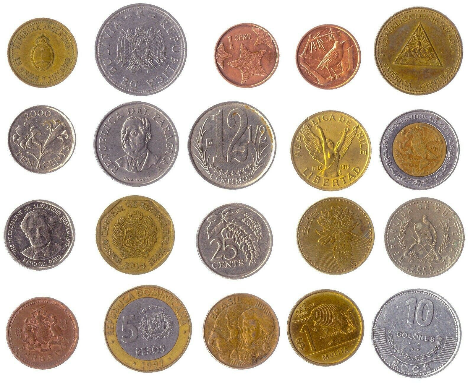 Coins of the Americas - 5, 10, 20, 30 Mixed Pieces - Latin, Central & South American Currency - Caribbean Coins - Historic, Cultural & Wildlife Themes