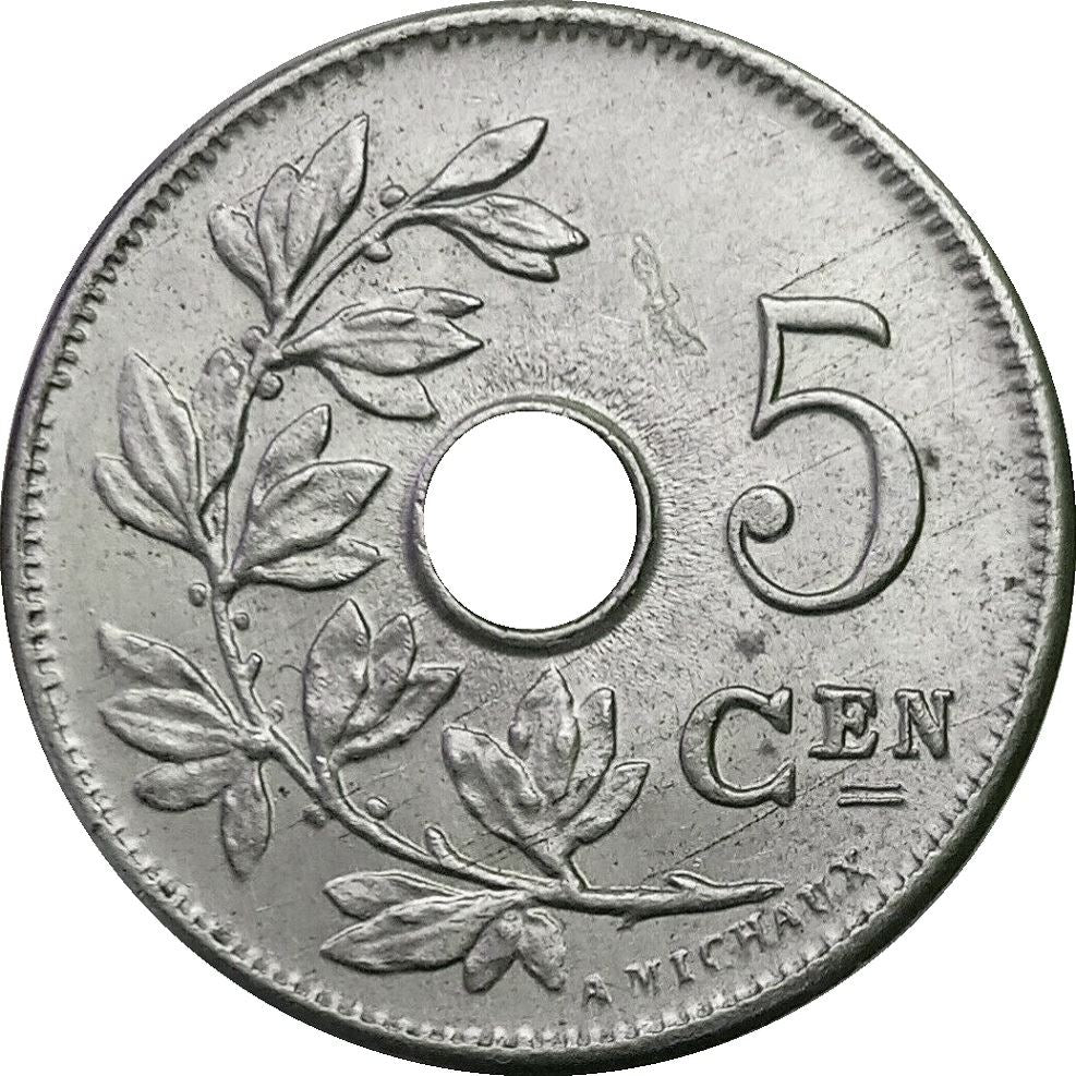 Belgian 5 Centimes Coin | Leopold II Belgie | Olive Branch | Star | KM47 | 1902 - 1903