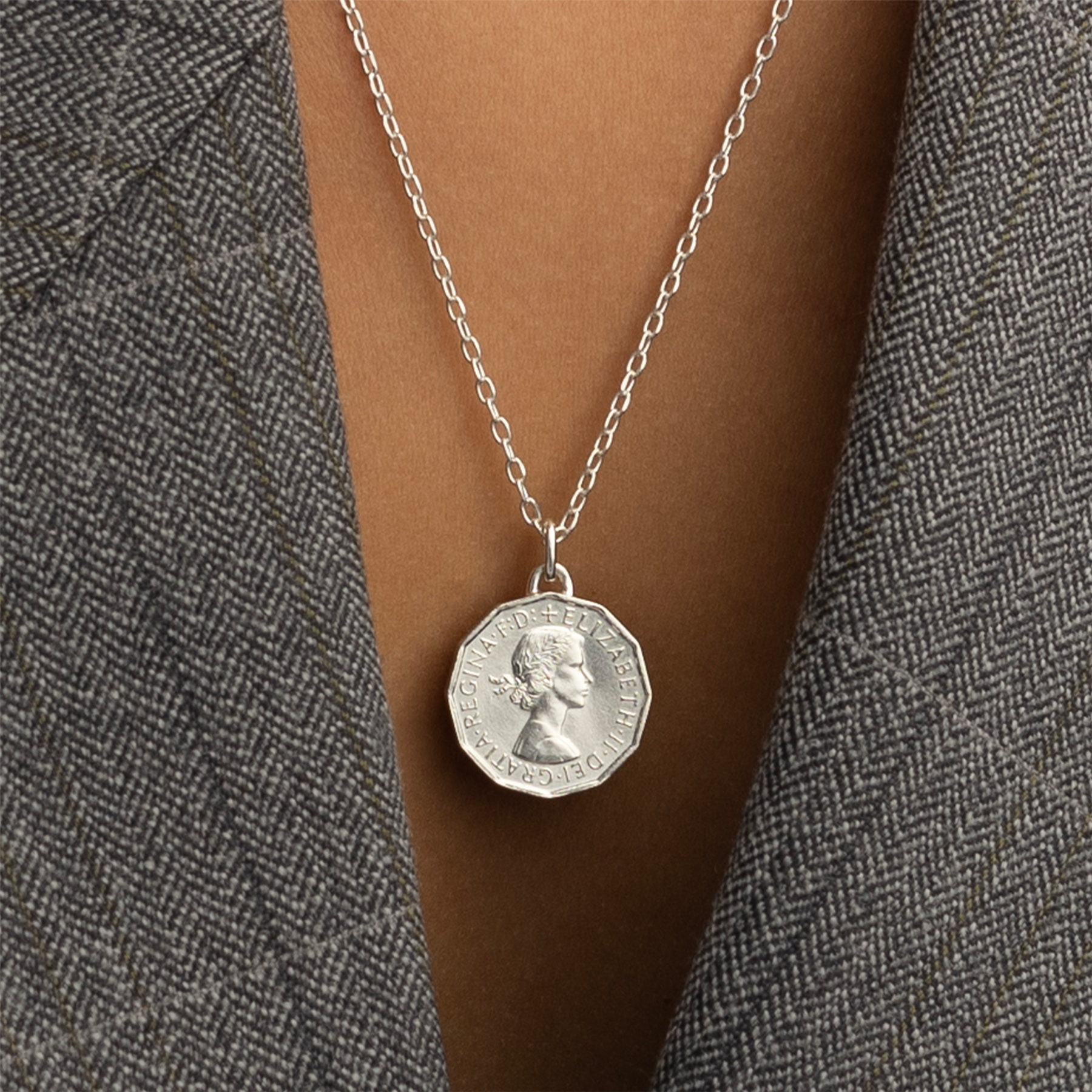 British Coin Necklace | Medallion Pendant Jewelry | Rhodium Plated 3 Pence | Queen Elizabeth II | 1954 - 1970