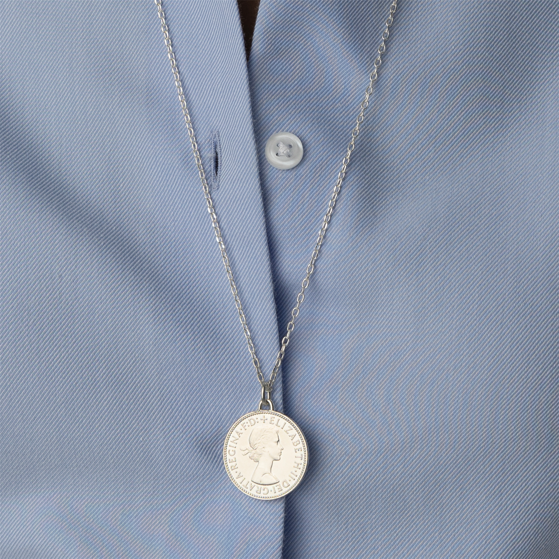 British Coin Necklace | Medallion Pendant Jewelry | Rhodium Plated 1/2 Penny | Queen Elizabeth II | 1954 - 1970