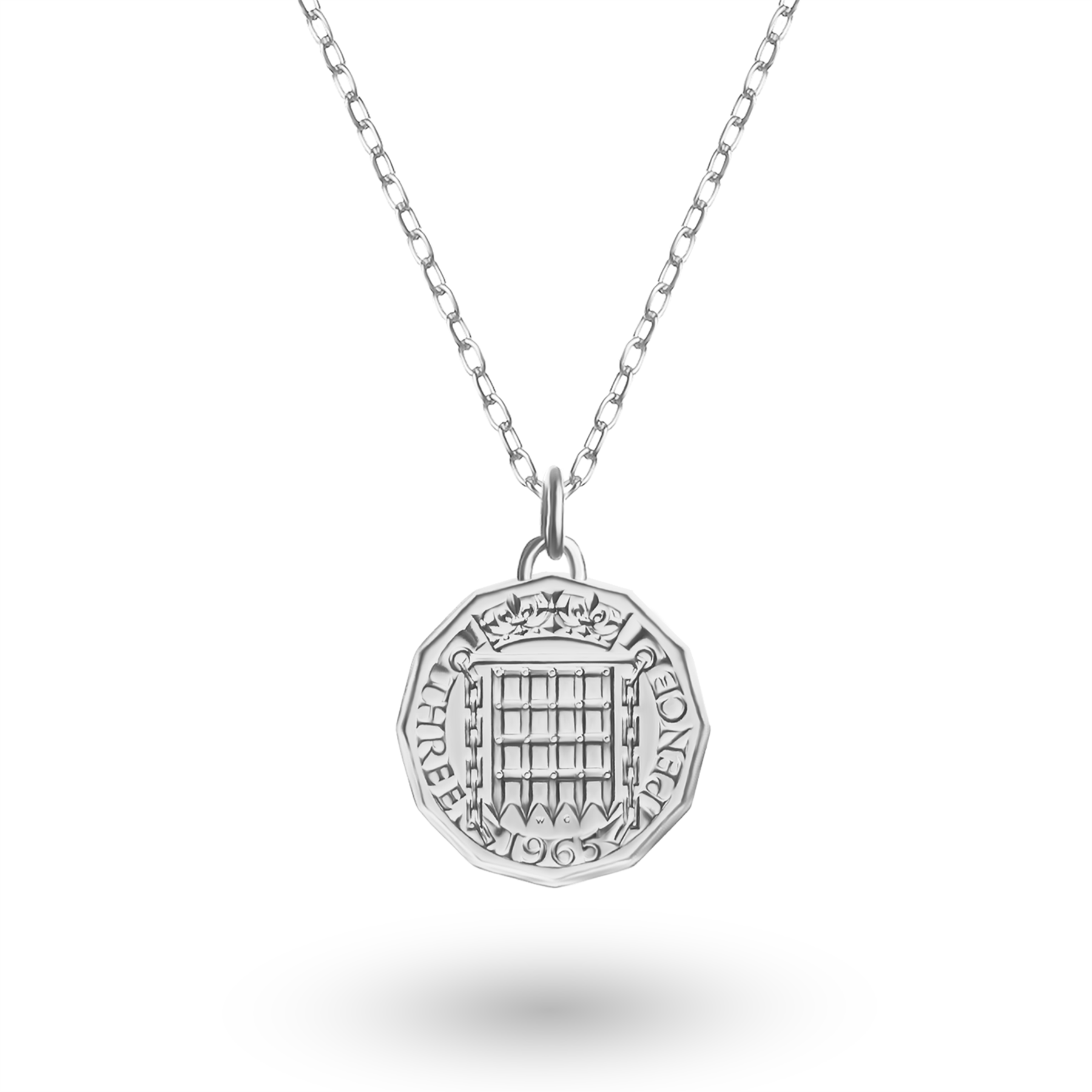 British Coin Necklace | Medallion Pendant Jewelry | Rhodium Plated 3 Pence | Queen Elizabeth II | 1954 - 1970