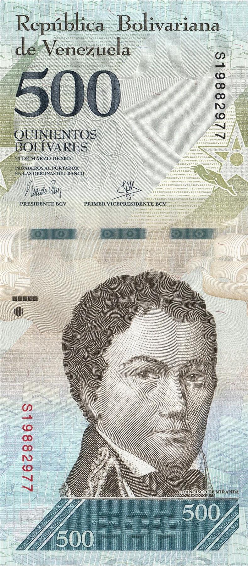 Venezuela | 500 Bolivares Banknote | 2016 - 2017 | Francisco de Miranda | Amazon River Dolphins | Medanos de Coro National Park
