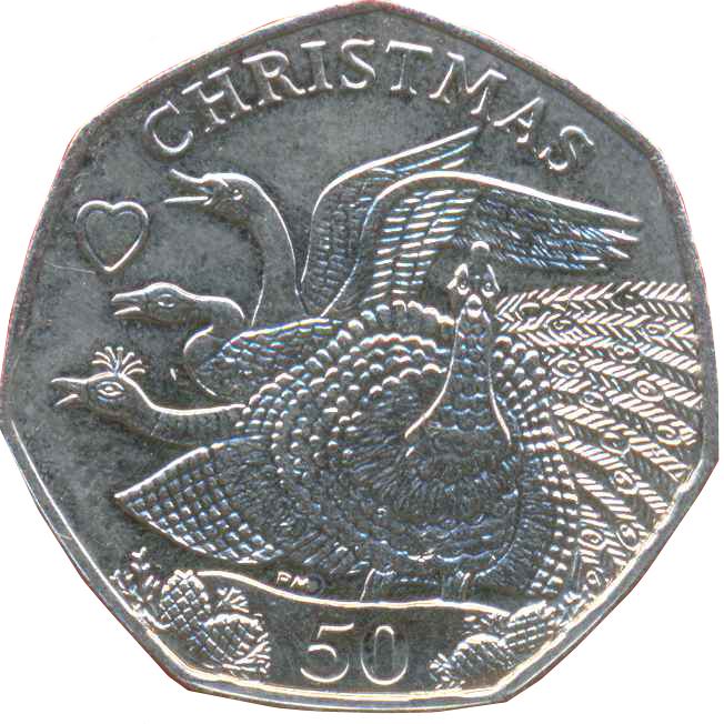 Isle of Man 50 Pence Coin | Queen Elizabeth II | Christmas | 4 Calling Birds | KM1487 | 2008