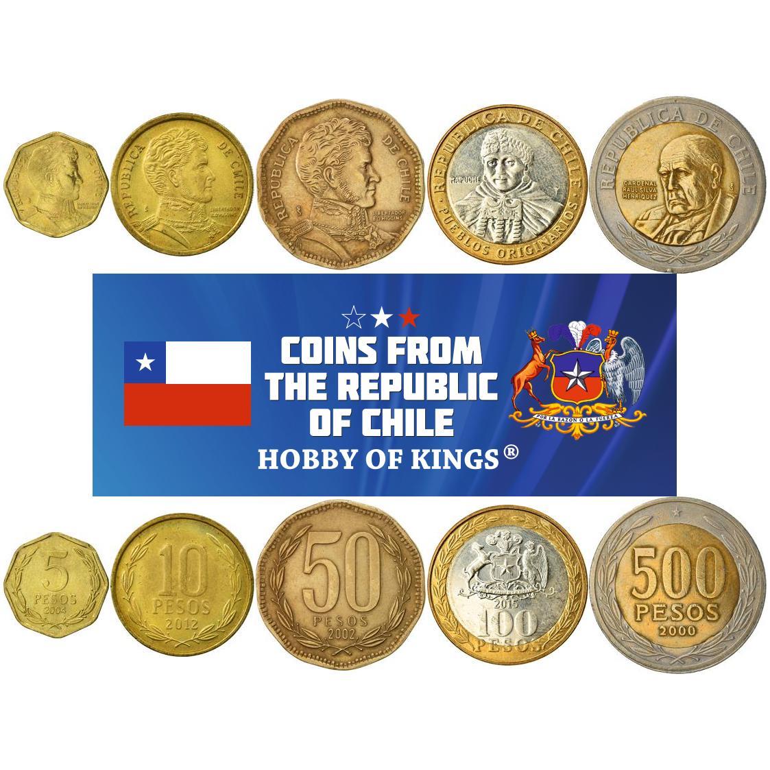 Chile | 5 Coin Set | 5 10 50 100 500 Pesos | Bernardo O'Higgins | Mapuche Indian Woman | Cardinal Ra��l Silva Henr��quez | 1981 - 2023