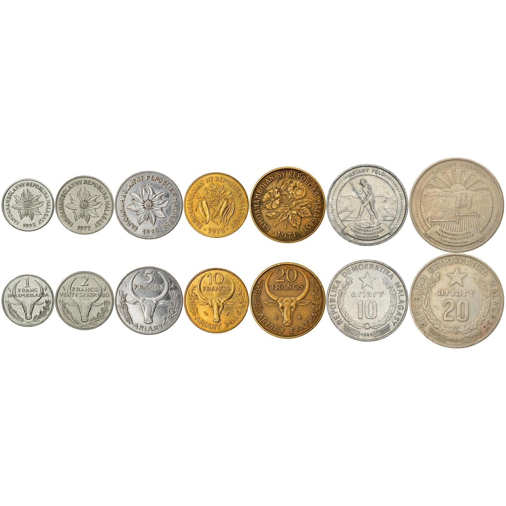 Madagascar | 7 Coin Set | 1 Franc 2 Francs 5 Francs / 1 10 Francs / 2 20 Francs / 4 10 20 Ariary | 1965 - 2002